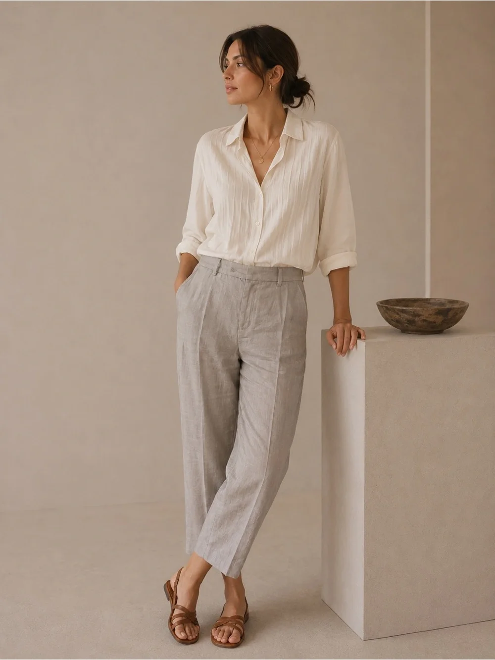 Banana Republic Avery Linen Blend Straight Leg Trousers in Beige Size 10